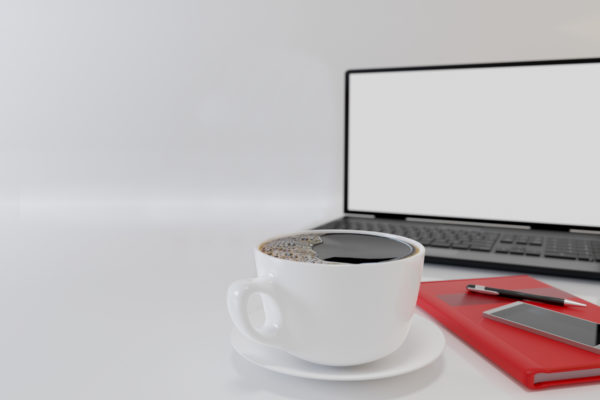 Cup of black coffee  , Red book and smartphone on white background .  Blur Black laptop computer and red roses in white vase.  Copy space and concept for Valentine day and Financial. 3D Rendering.