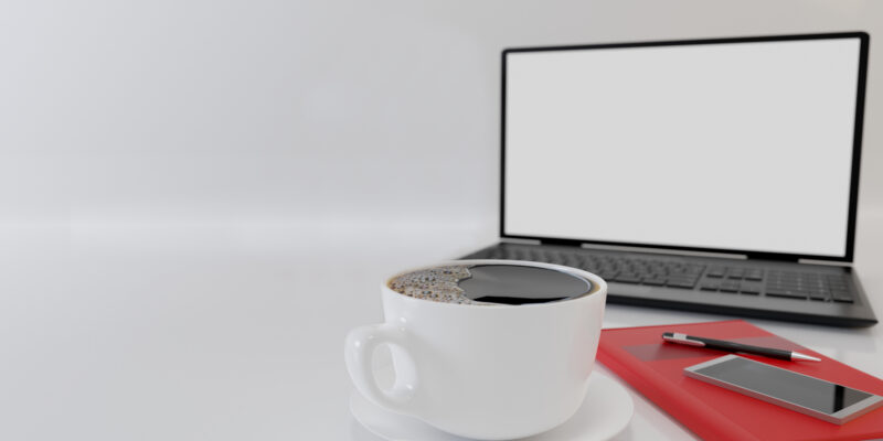 Cup of black coffee , Red book and smartphone on white background . Blur Black laptop computer and red roses in white vase. Copy space and concept for Valentine day and Financial. 3D Rendering.