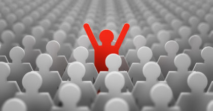 The symbol of a leader in the form of a red man with his hands up in a crowd of white men. 3d render