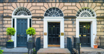 Typical townhouses and front doors in the New Town district of Edinburgh, Scotland