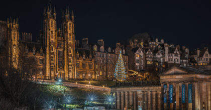 Edinburgh scenic night cityscape with National Scottish Gallery. Edinburgh, Scotland, Jan. 2023