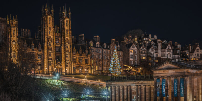 Edinburgh scenic night cityscape with National Scottish Gallery. Edinburgh, Scotland, Jan. 2023