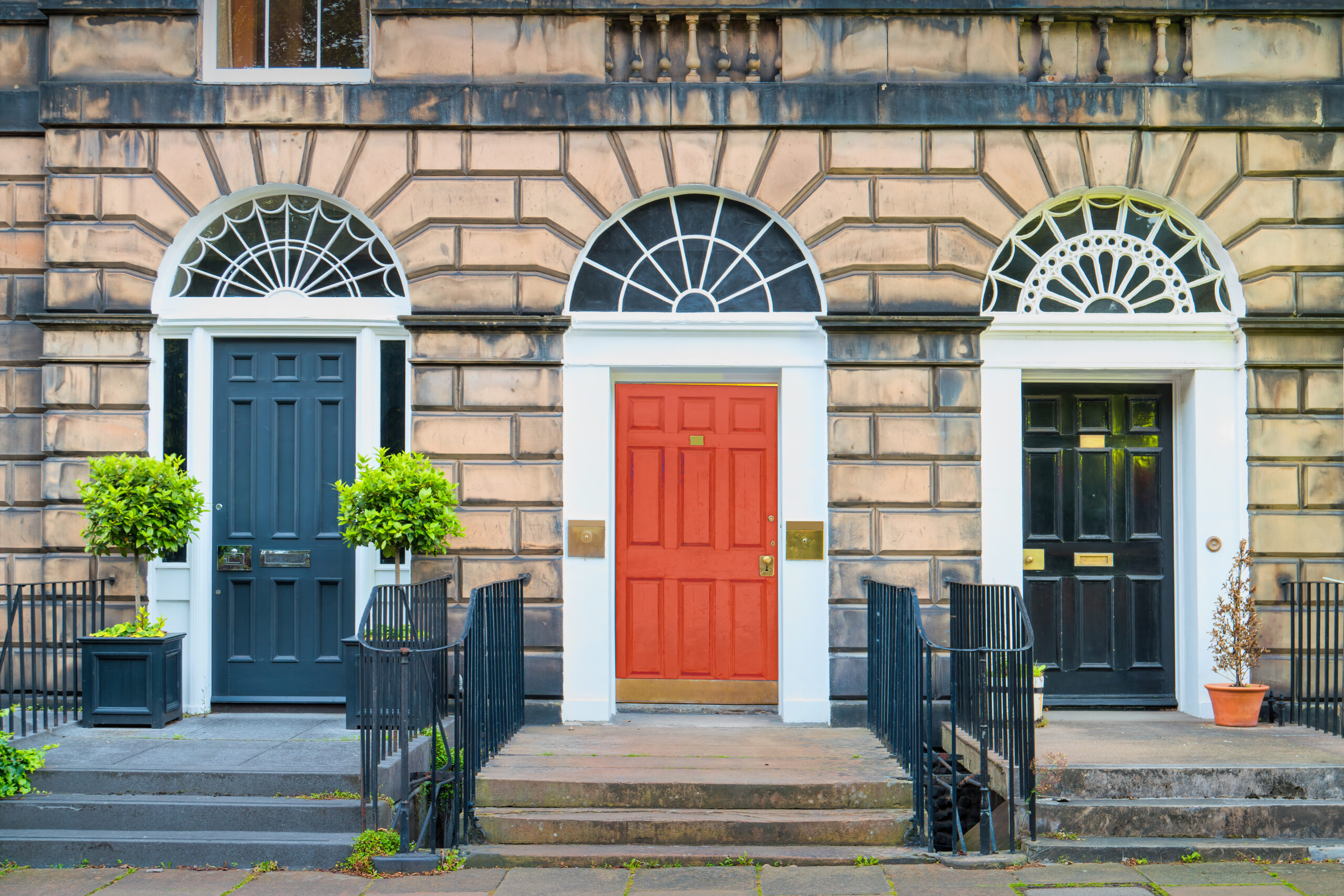 Typical townhouses and front doors in the New Town district of Edinburgh, Scotland